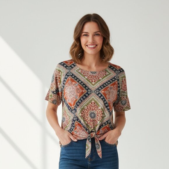 Ruby Rd. Tie-Front Top Size XL Bell Sleeve Bandana Print Jersey Knit Casual - Picture 1 of 4